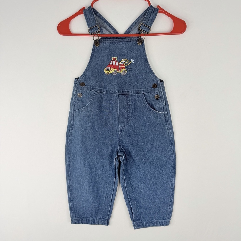 vintage child's denim bib overalls‎ ENZA SZ-24M red fire engine embroidered